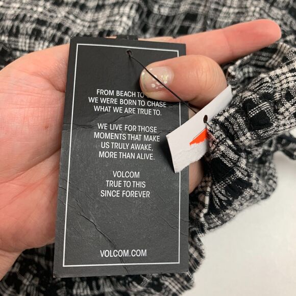 Volcom Shirred Mini Dress Womens XS Extra Small Check Plaid Square Neck Bodycon - Picture 13 of 16